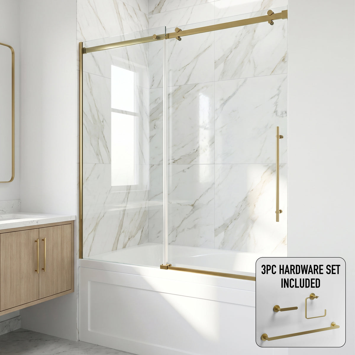 Luca 56-60 in. W x 58 in. H Frameless Sliding Tub Door in Matte Brushed Gold with 3/8 in. (10mm) Clear Glass and Arden 3-Piece Bath Hardware Set