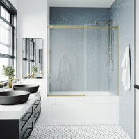 Luca 56-60 in. W x 58 in. H Frameless Sliding Tub Door in Matte Brushed Gold with 3/8 in. (10mm) Clear Glass and Arden 3-Piece Bath Hardware Set
