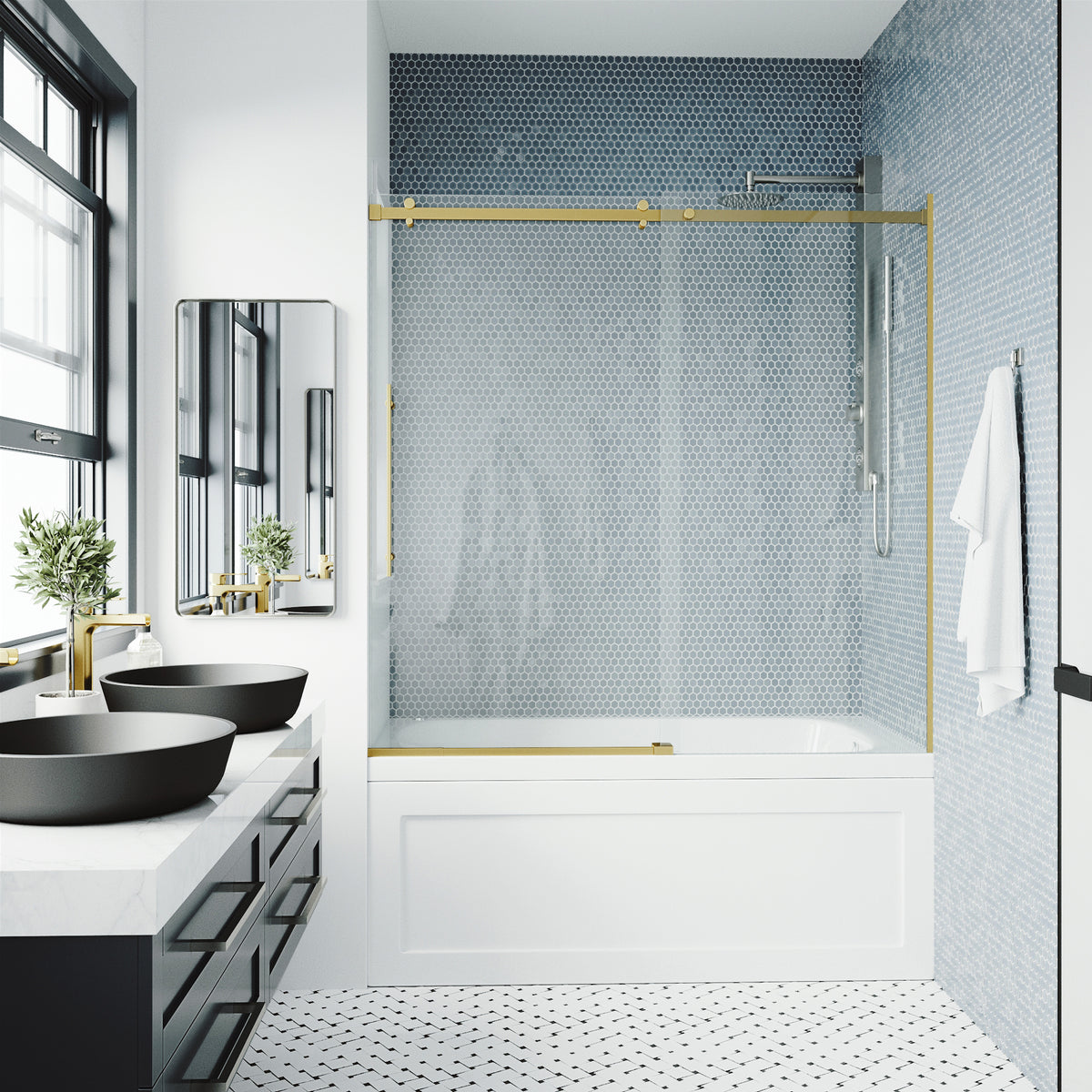 Luca 56-60 in. W x 58 in. H Frameless Sliding Tub Door in Matte Brushed Gold with 3/8 in. (10mm) Clear Glass and Arden 3-Piece Bath Hardware Set