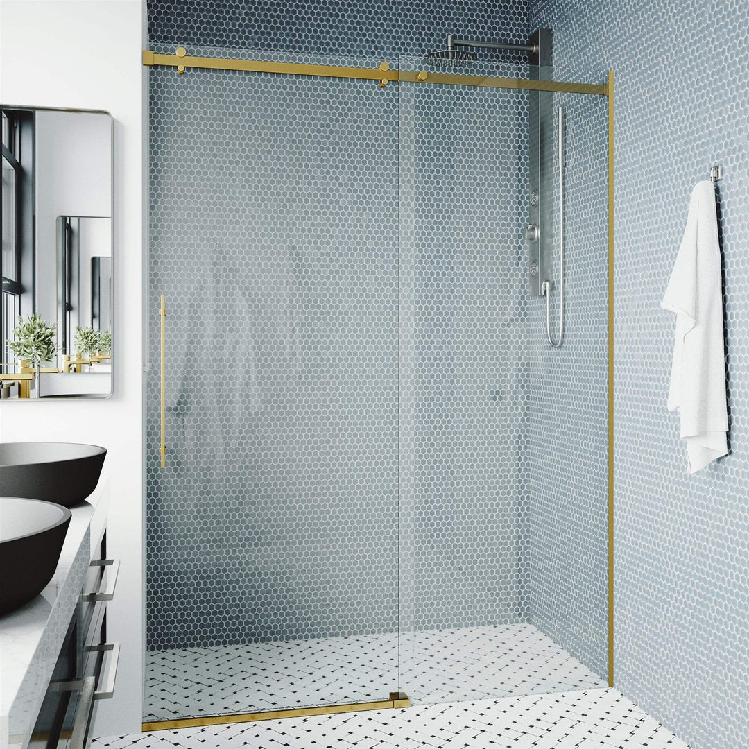 Matte brushed gold frameless sliding shower door with clear tempered glass