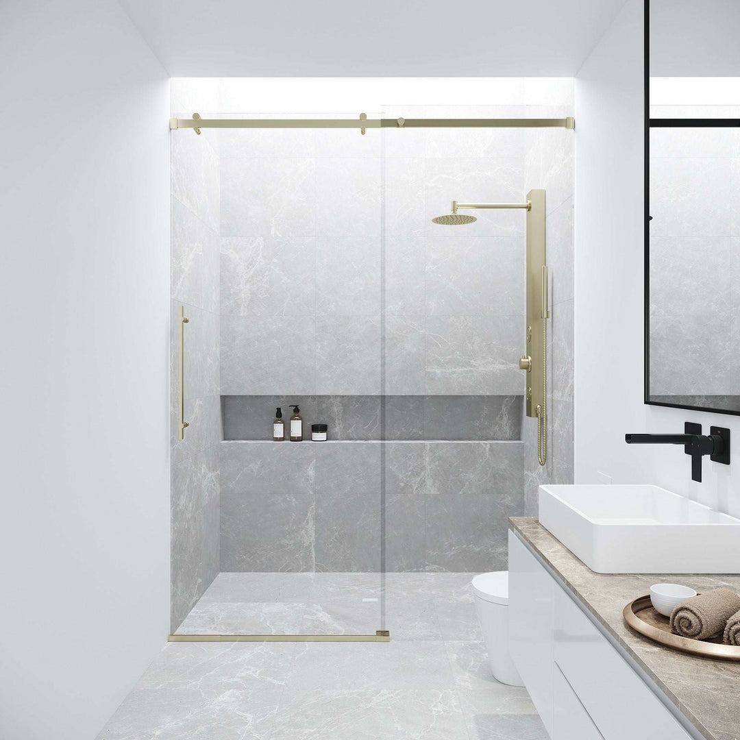 Sliding shower door with clear tempered glass and matte gold hardware
