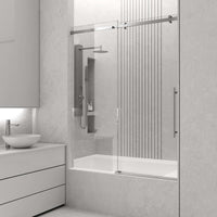 Modern frameless shower door in stainless steel finish with adjustable 56-60 inch width
