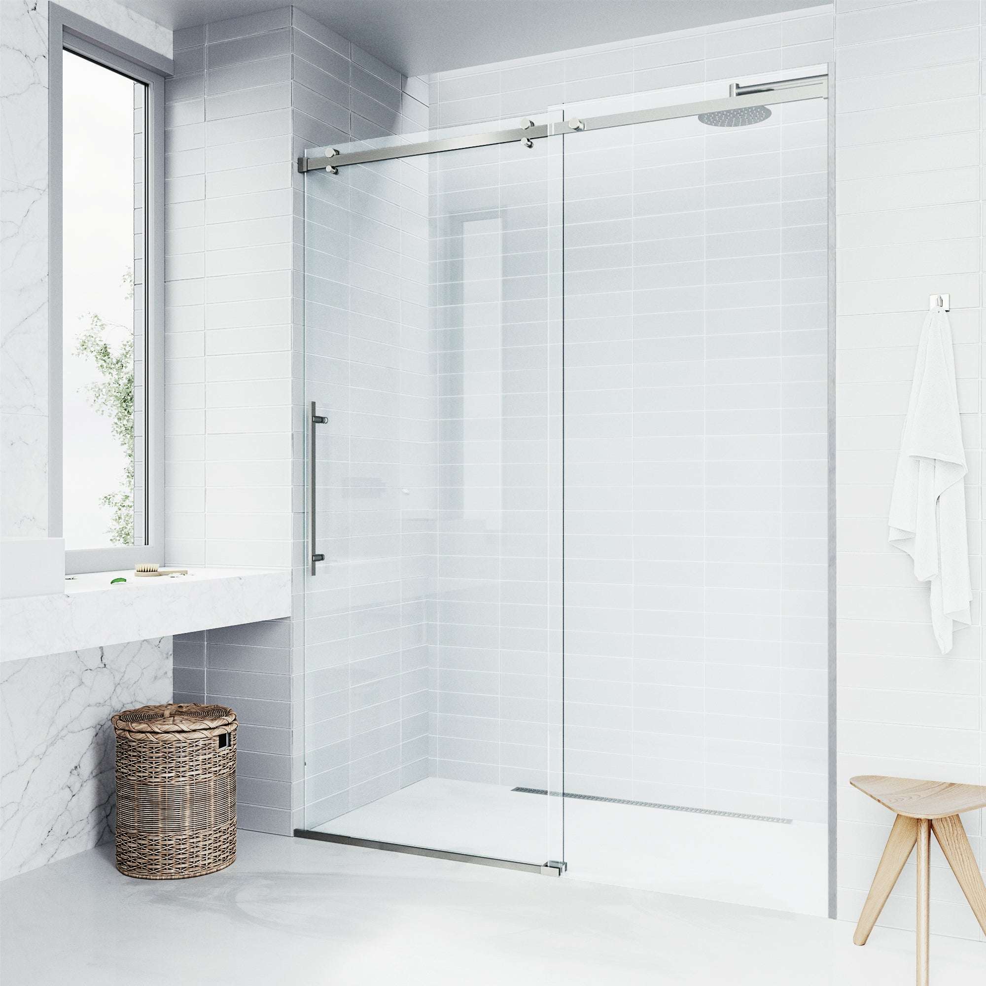 Stainless steel frameless sliding shower door with clear tempered glass