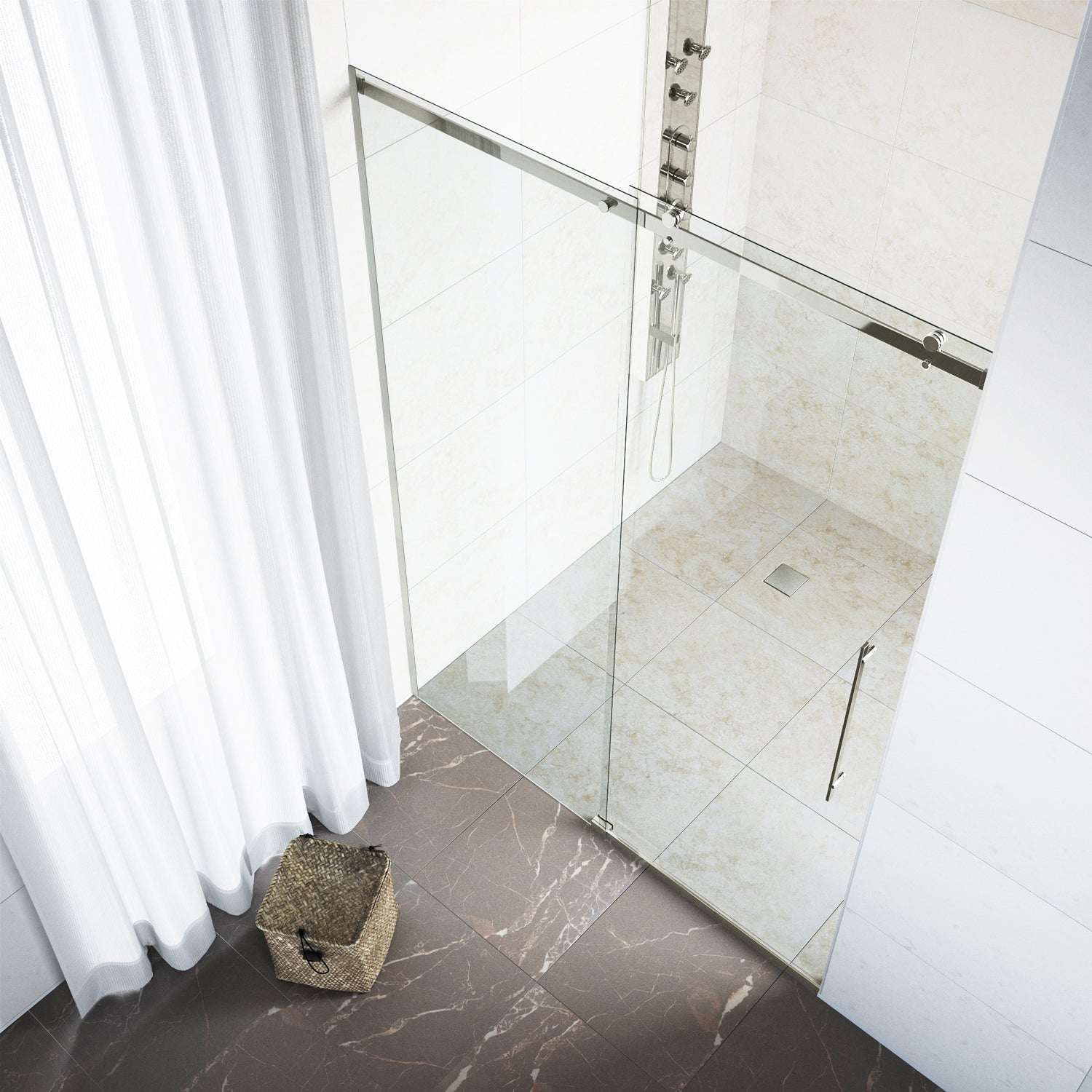 Frameless shower door with stainless steel finish and tempered glass