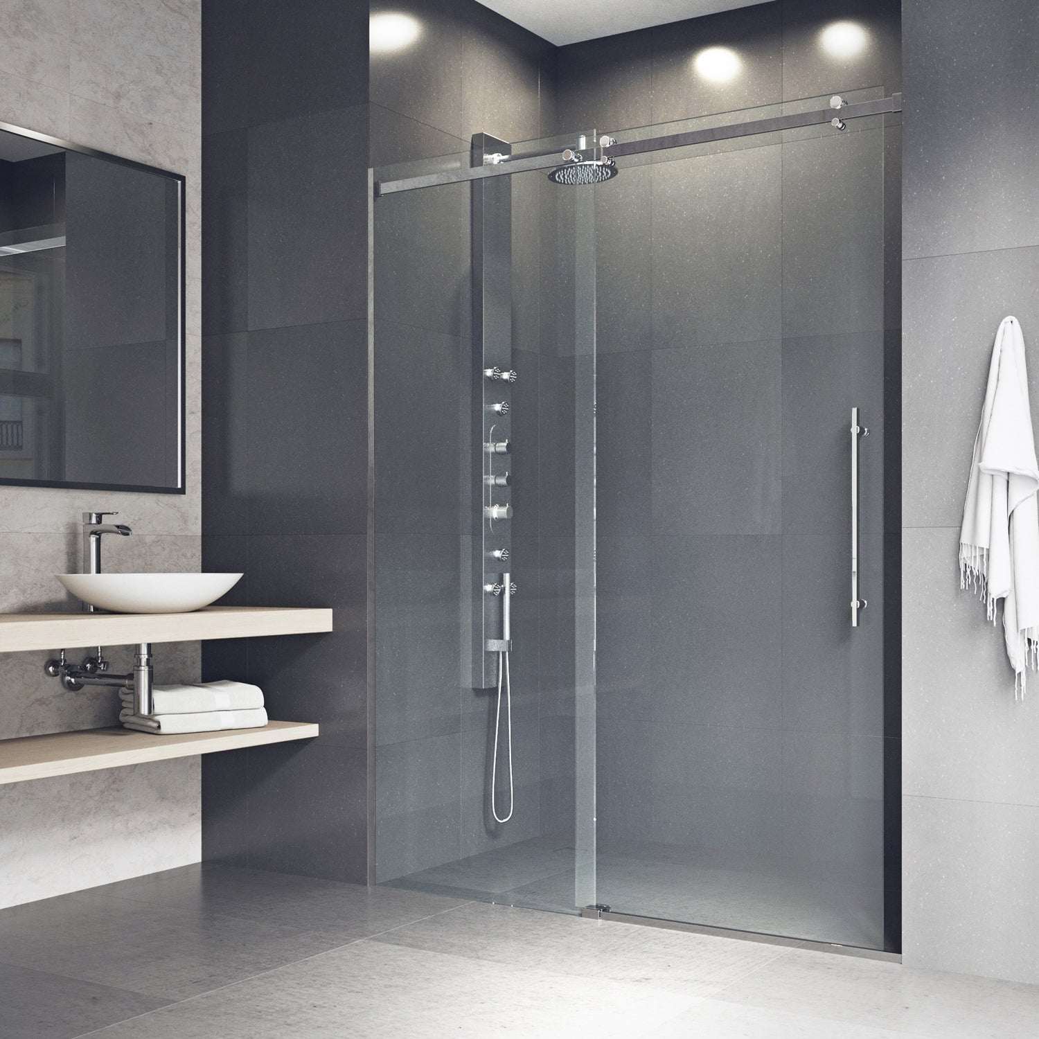 Clear glass sliding shower door with stainless steel frame and bar handle
