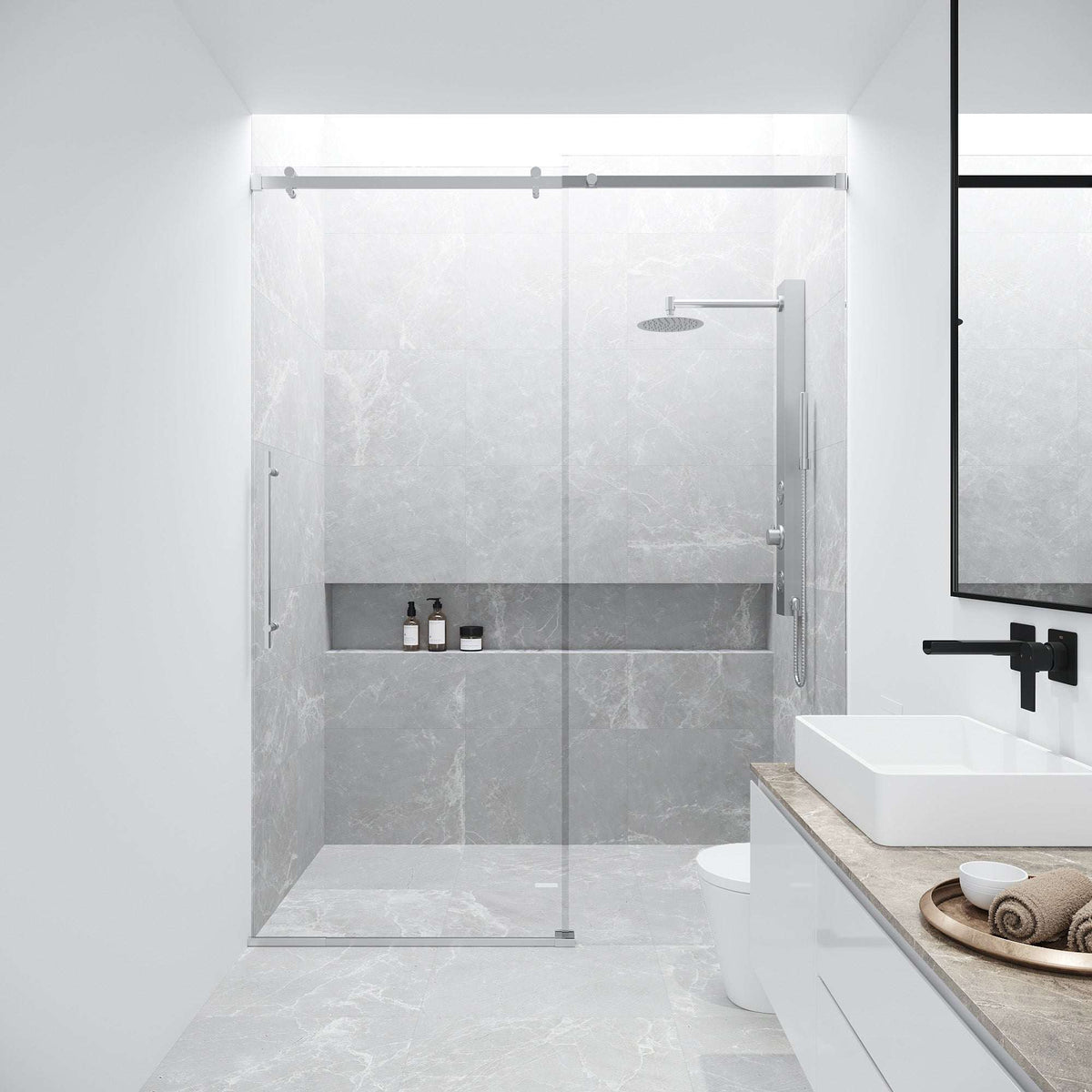 Frameless shower door with stainless steel finish and included mounting hardware