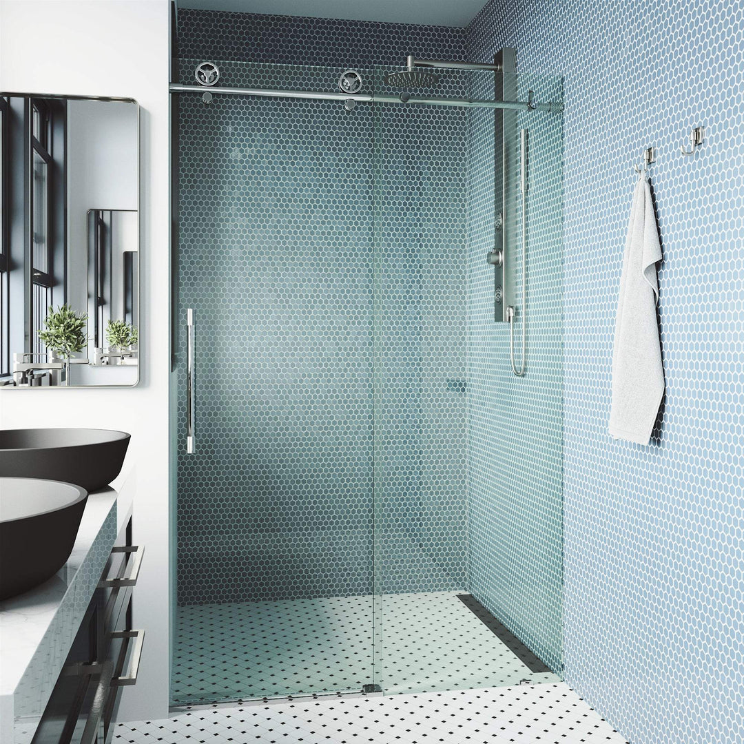 Chrome frameless shower door with sliding clear tempered glass, 44 to 48 in. adjustable width
