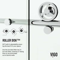 Modern chrome tub door with bar handle, clear glass, adjustable width 56 to 60 inches, frameless