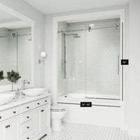 Reversible sliding tub door, chrome finish, clear tempered glass, frameless design, alcove installation
