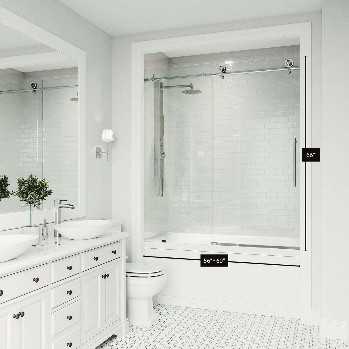 Reversible sliding tub door, chrome finish, clear tempered glass, frameless design, alcove installation
