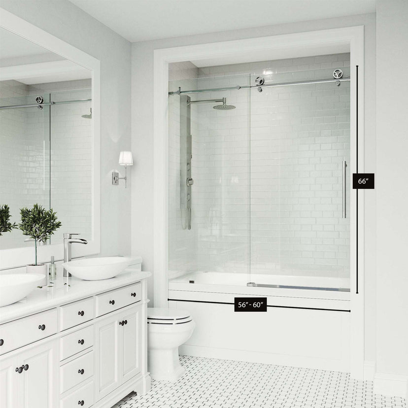 Reversible sliding tub door, chrome finish, clear tempered glass, frameless design, alcove installation