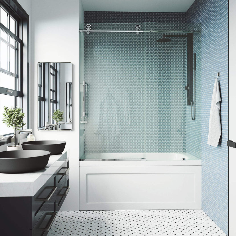 Chrome finish frameless shower door, sliding operation, clear glass, adjustable width 56-60 in.