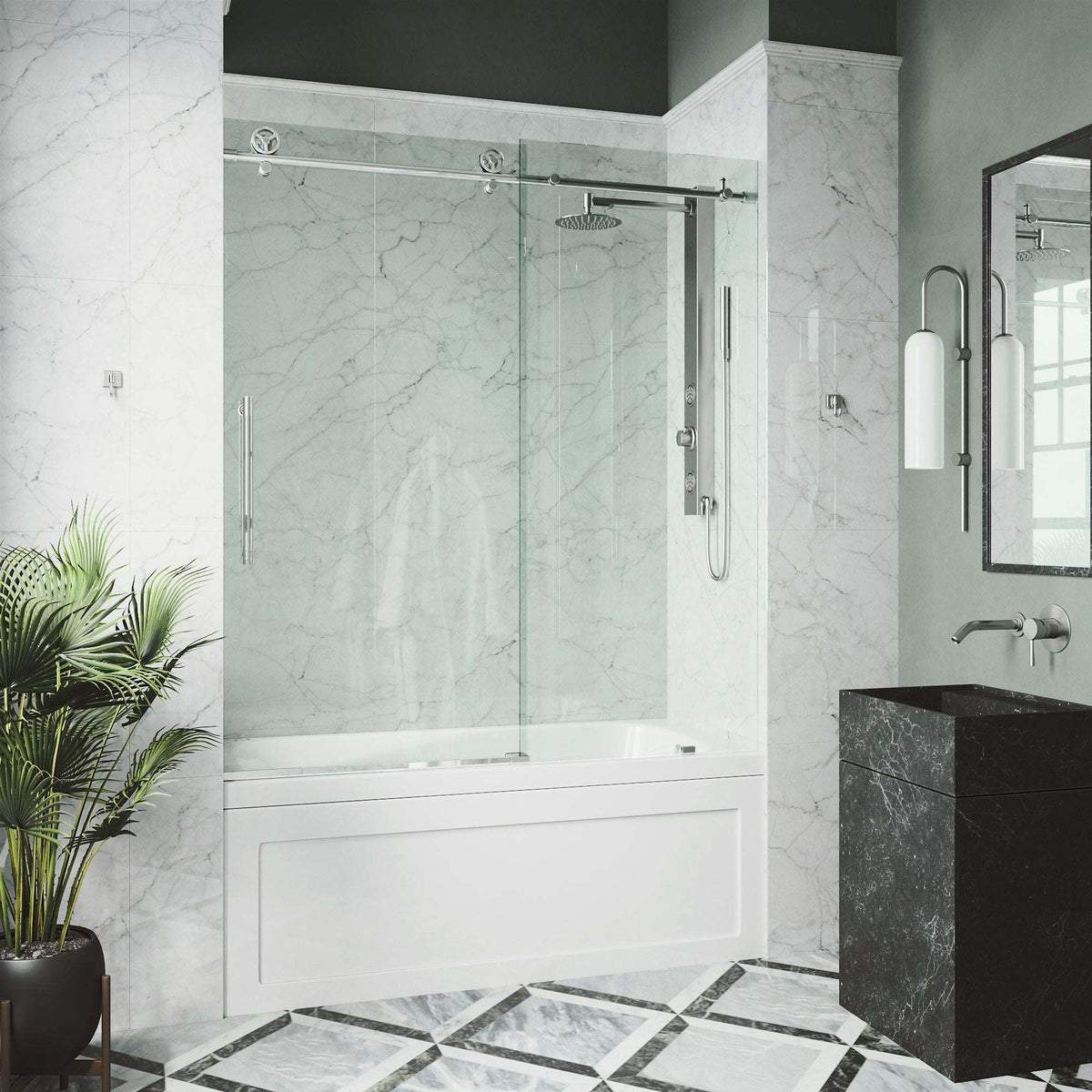 Clear glass frameless tub door with chrome bar handle, adjustable 56-60 in., alcove installation
