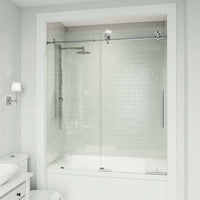 Frameless sliding shower door, chrome finish, tempered glass, reversible door installation, modern look