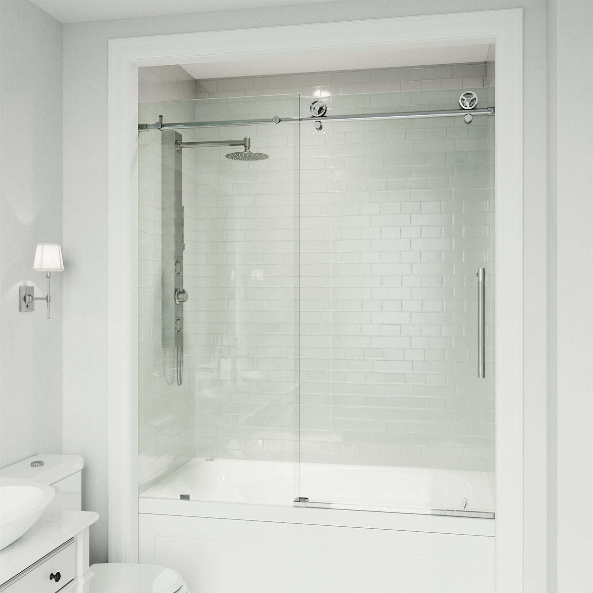 Frameless sliding shower door, chrome finish, tempered glass, reversible door installation, modern look