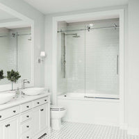 Chrome tub door with clear glass, adjustable width 56-60 in., reversible sliding, frameless design