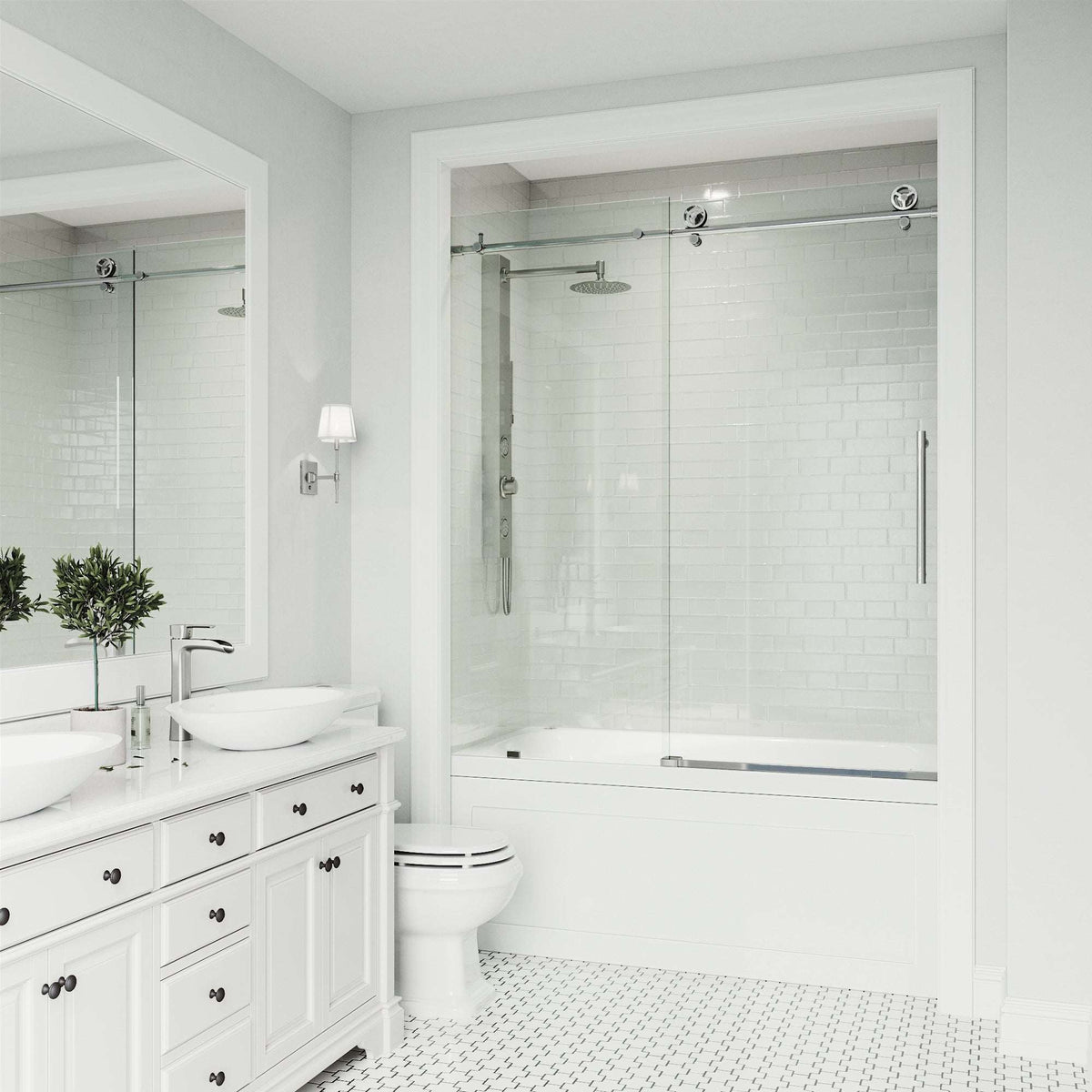 Chrome tub door with clear glass, adjustable width 56-60 in., reversible sliding, frameless design