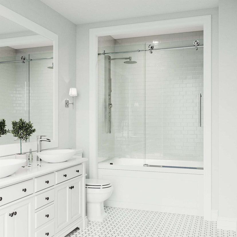 Chrome tub door with clear glass, adjustable width 56-60 in., reversible sliding, frameless design