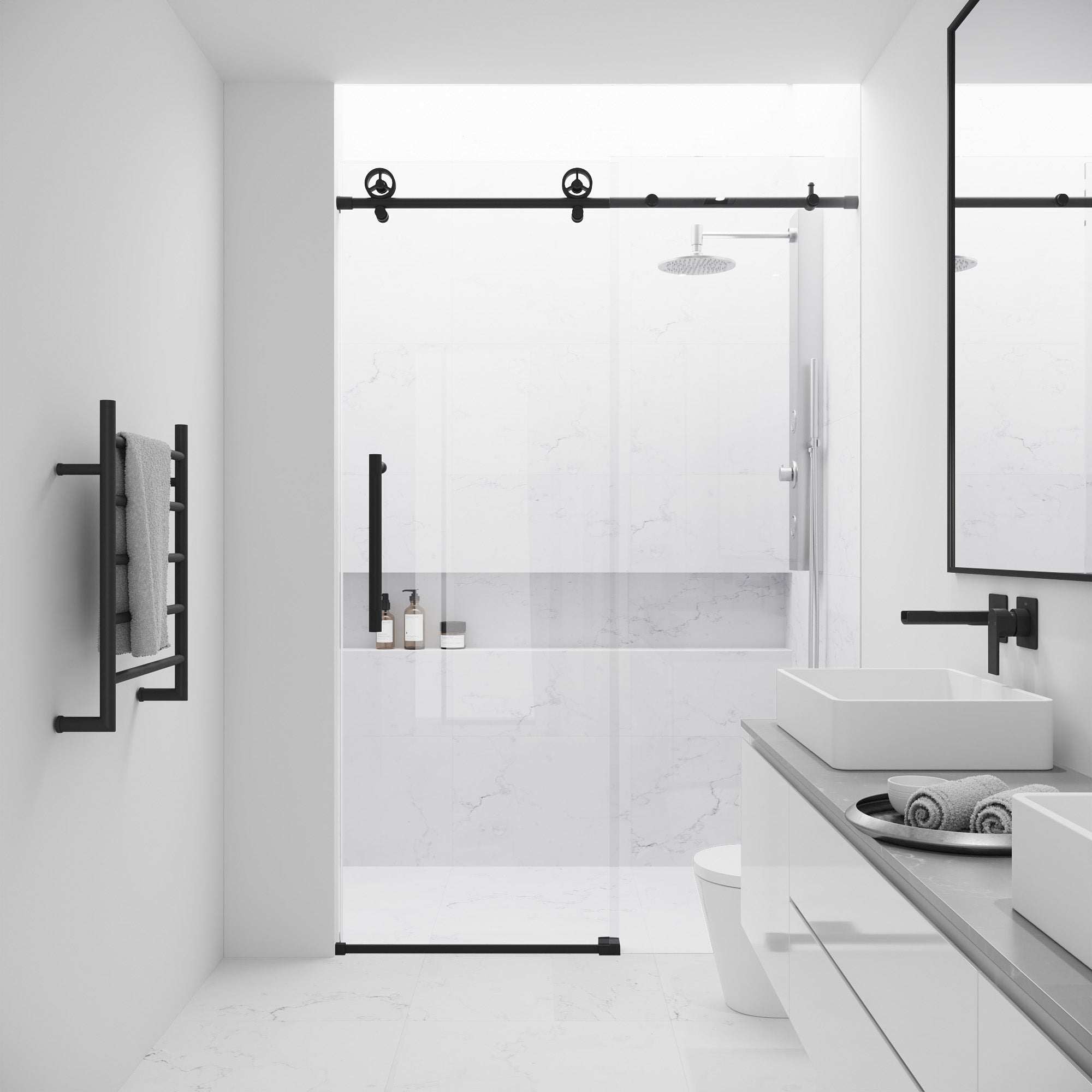 Elan Cass Aerodynamic frameless sliding shower door with stainless steel finish and clear tempered glass