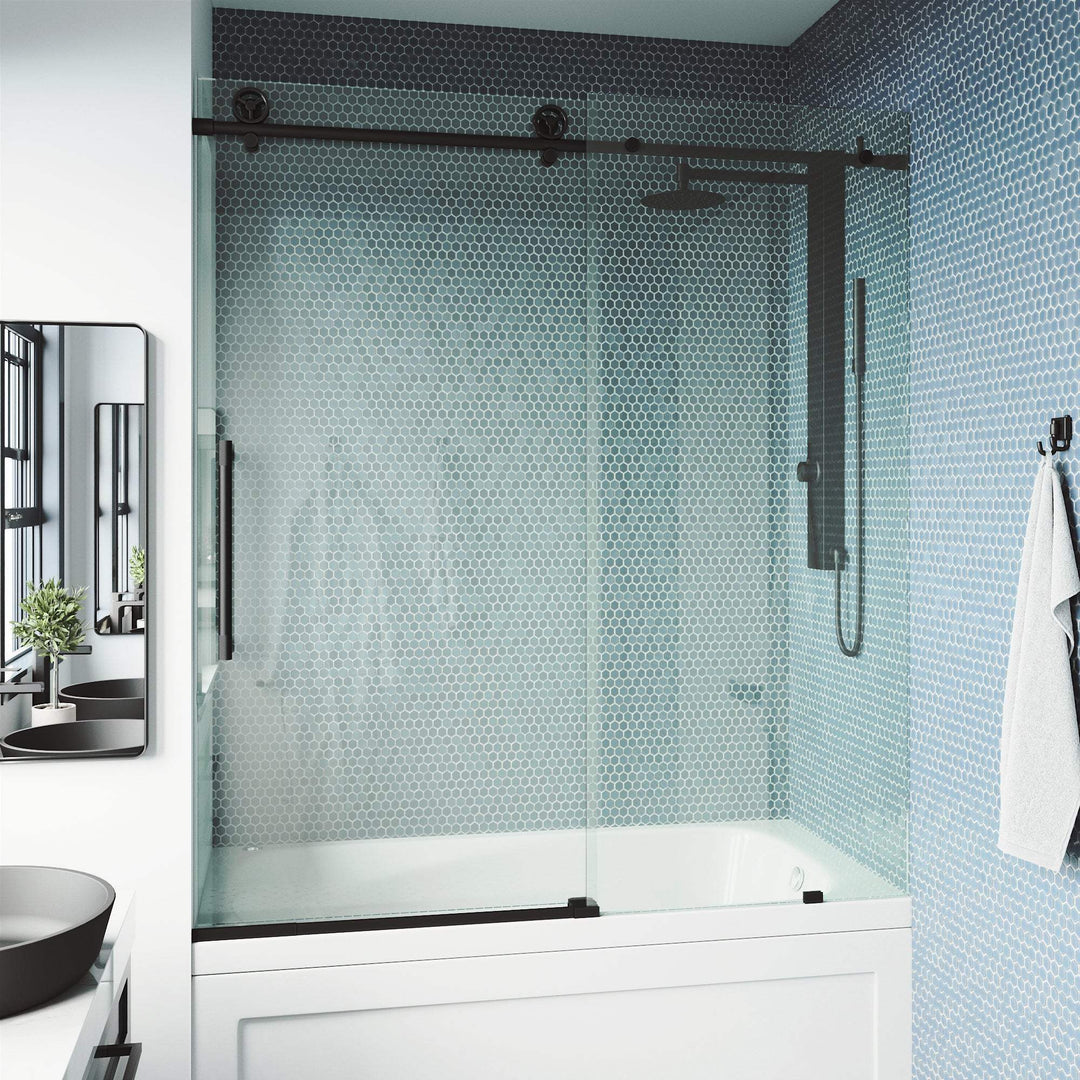 Matte black frameless sliding tub door with clear tempered glass, modern design, adjustable 56-60 in.