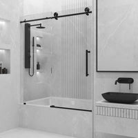 Adjustable 56-60 in. matte black tub door, clear tempered glass, frameless, reversible sliding, modern