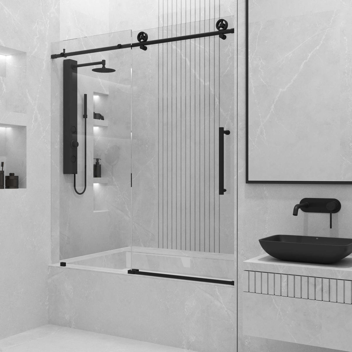 Adjustable 56-60 in. matte black tub door, clear tempered glass, frameless, reversible sliding, modern