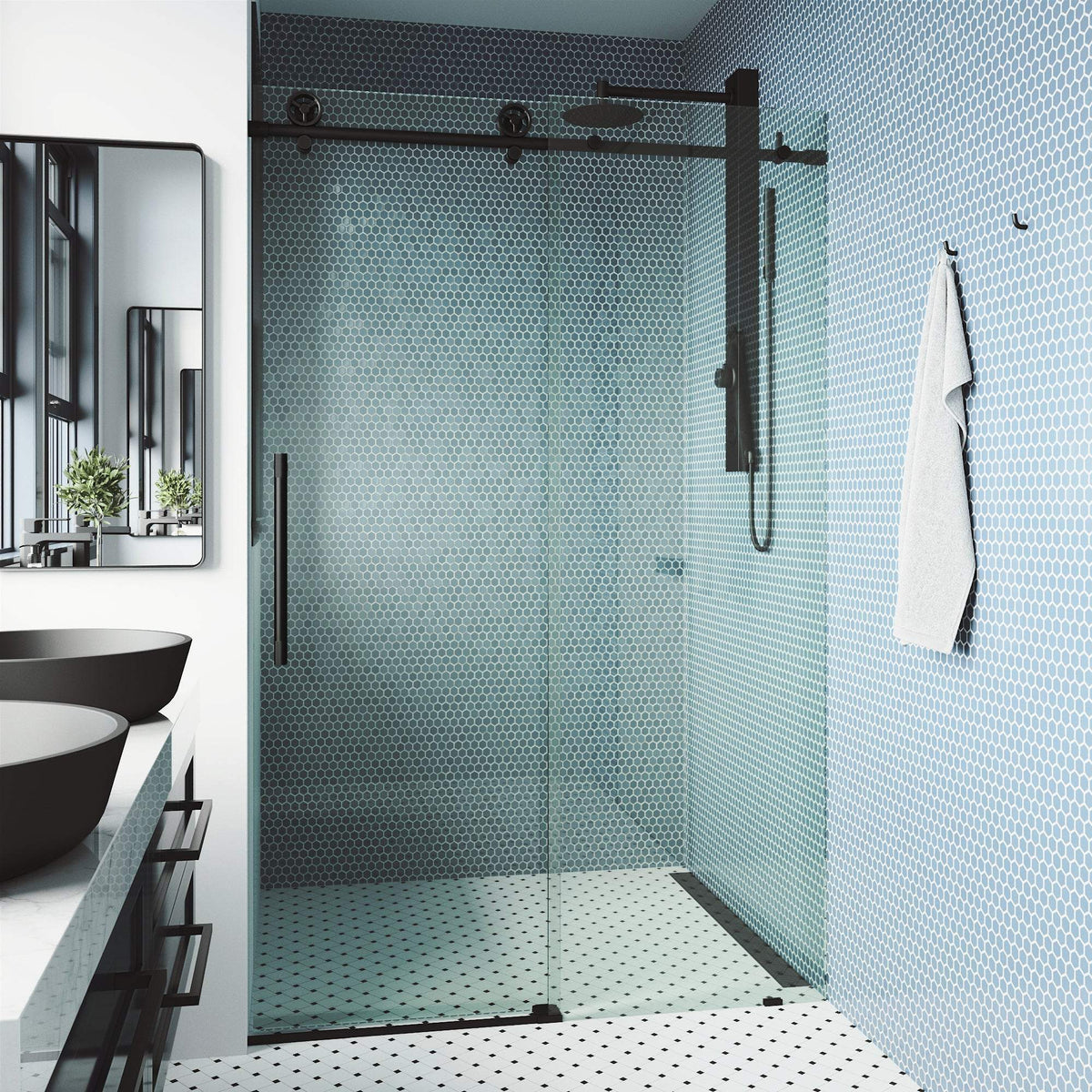 Modern frameless shower door with matte black bar handle and reversible installation
