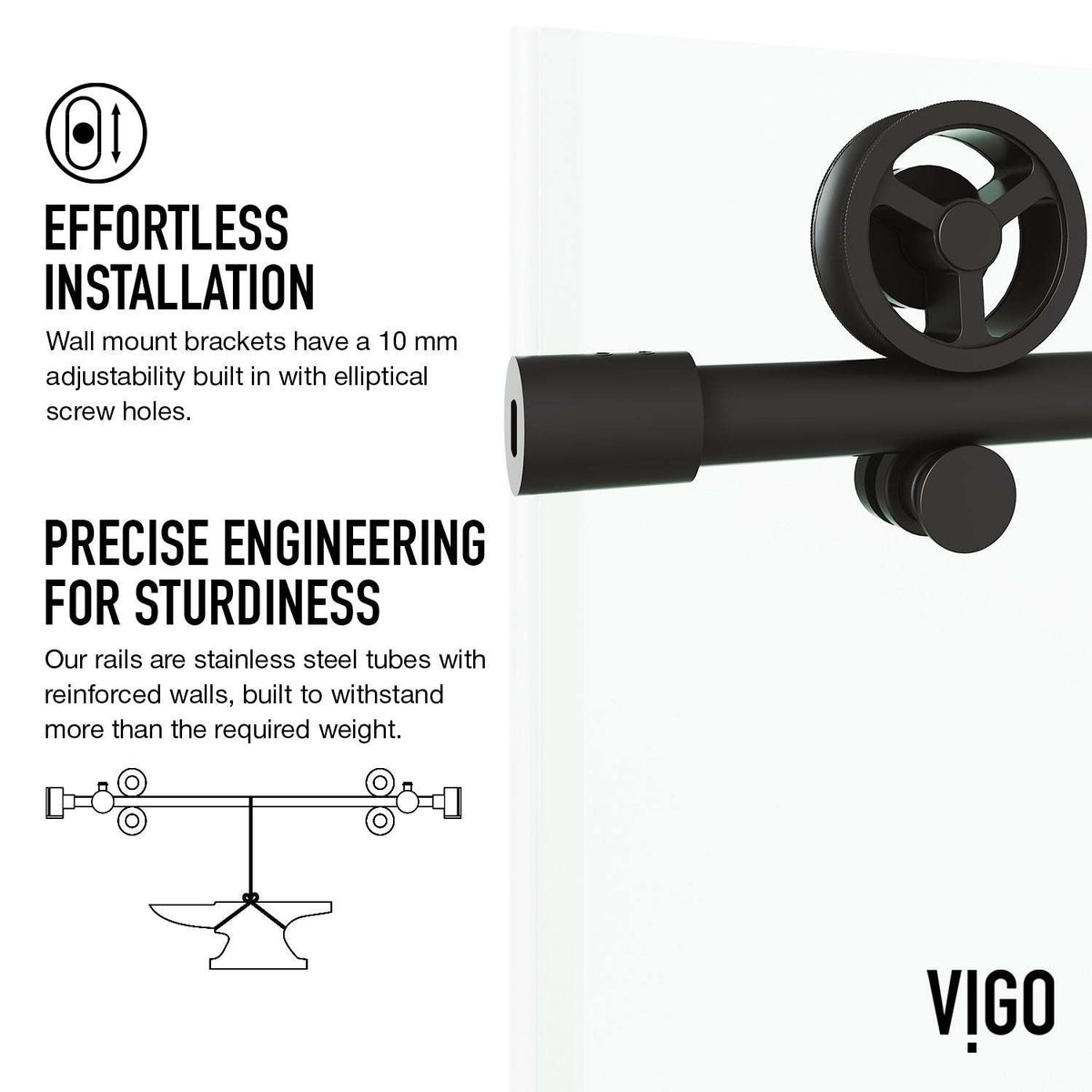 Adjustable width sliding shower door with matte black finish and clear glass, 76 in. tall