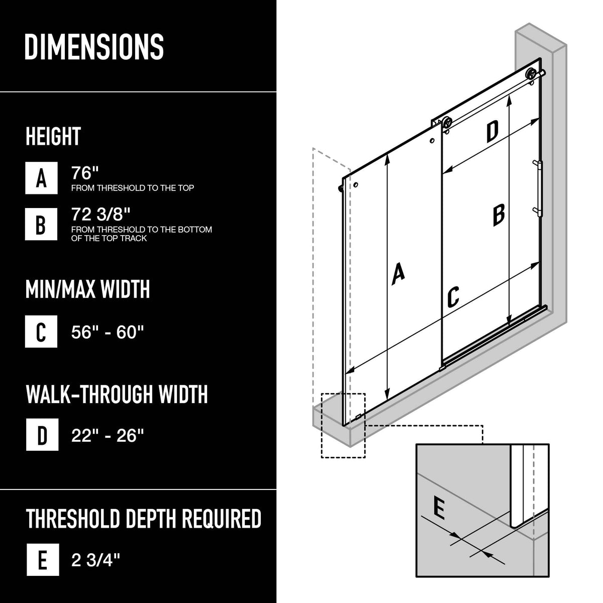 Adjustable 56-60 in. sliding shower door with matte black finish and clear tempered glass