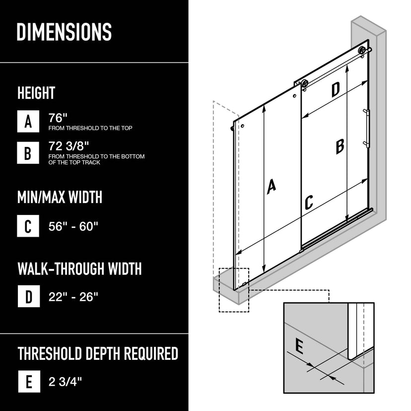 Adjustable 56-60 in. sliding shower door with matte black finish and clear tempered glass