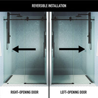 Frameless shower door with matte black hardware and reversible door opening, 76 in. height