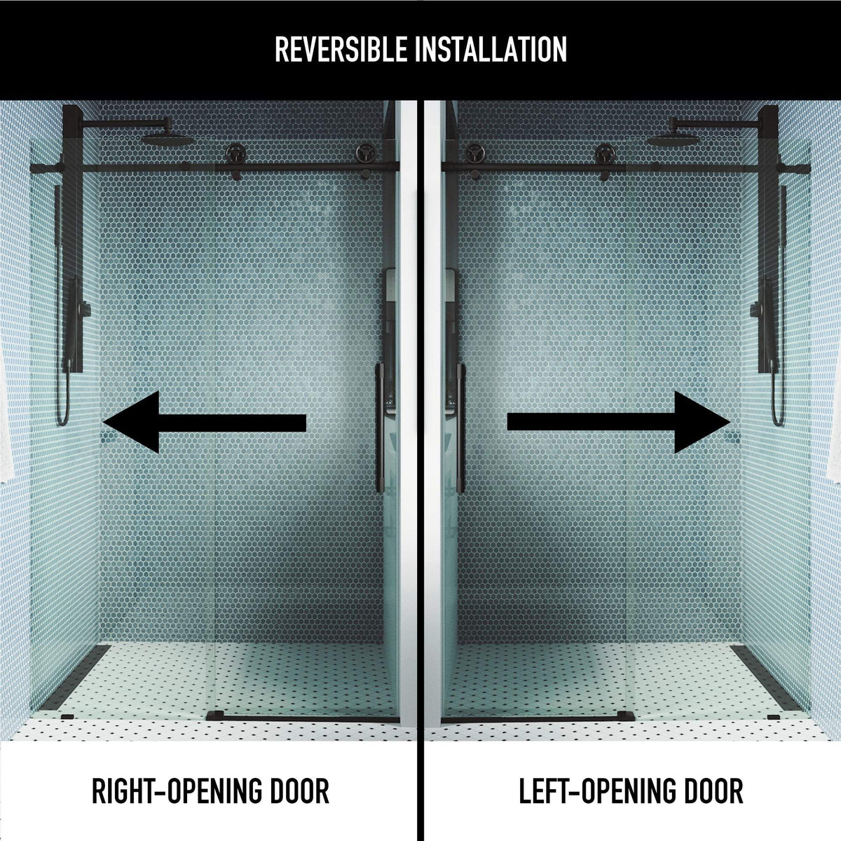 Frameless shower door with matte black hardware and reversible door opening, 76 in. height