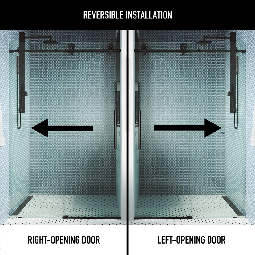 Frameless shower door with matte black hardware and reversible door opening, 76 in. height
