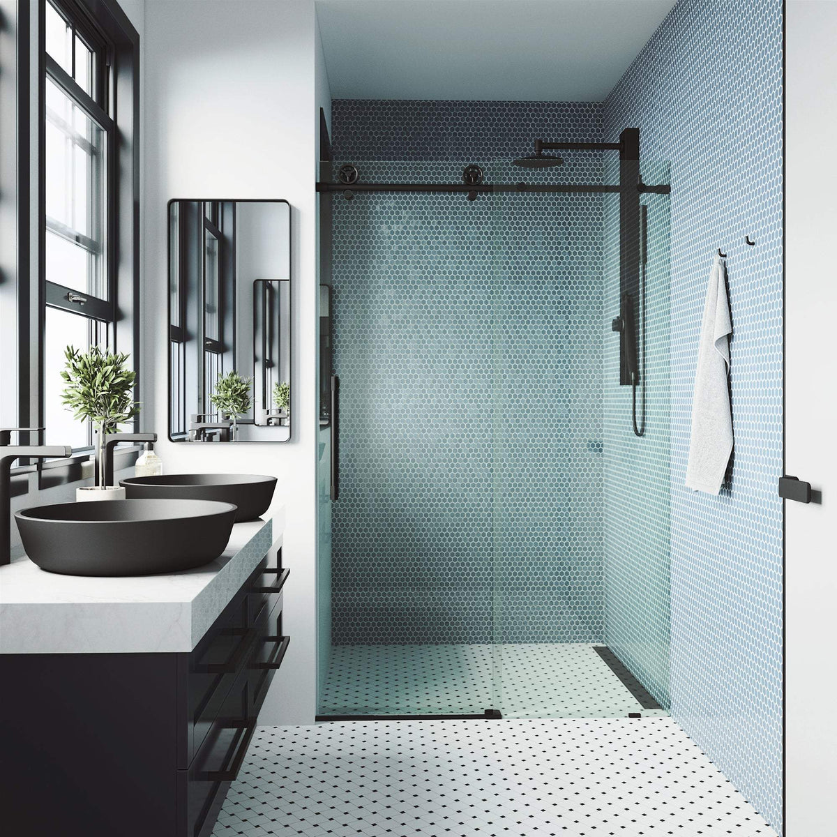 Matte black-finished frameless shower door with stainless steel hardware and reversible handle