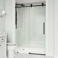 Sliding shower door with clear tempered glass, matte black frame, adjustable 56 to 60 in.