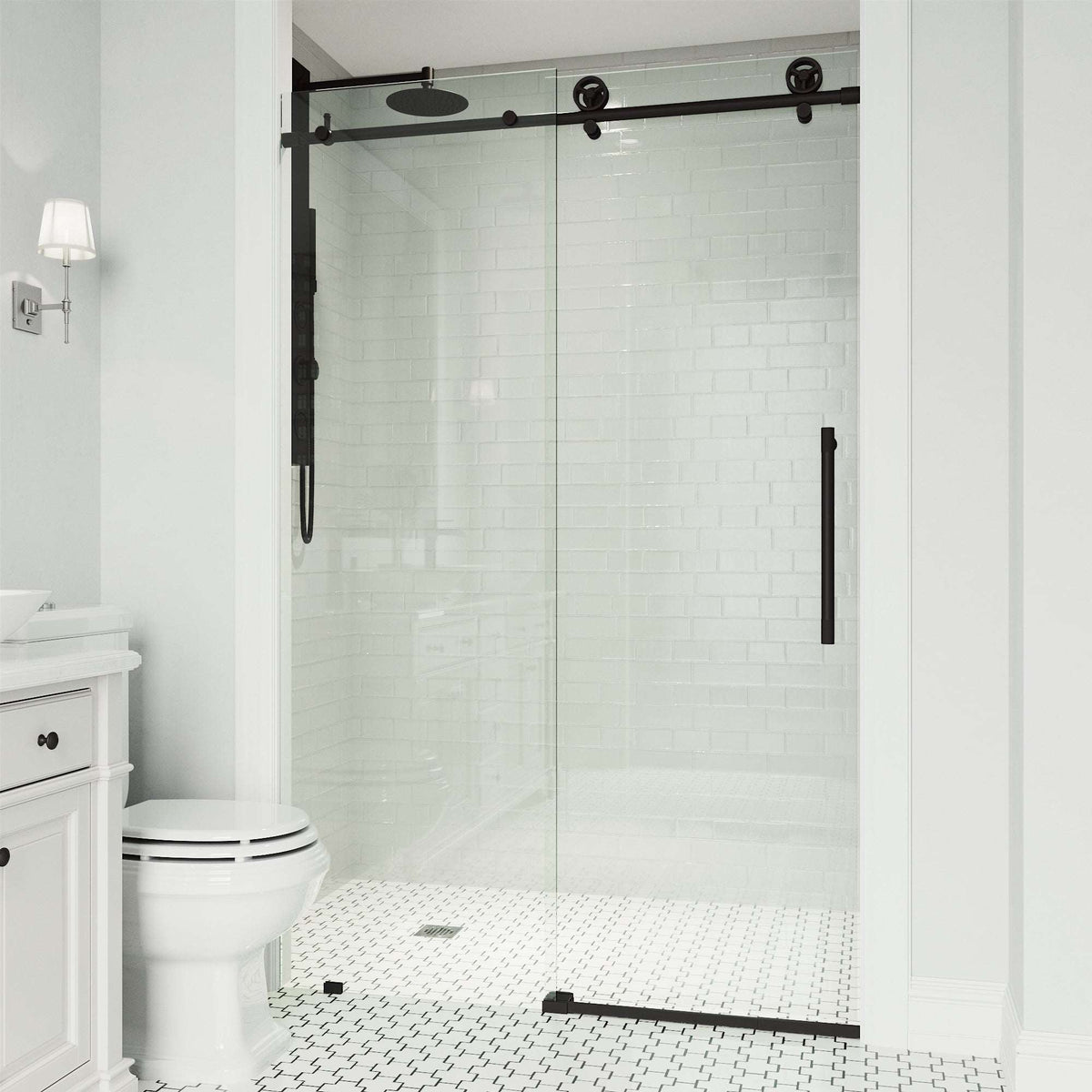 Sliding shower door with clear tempered glass, matte black frame, adjustable 56 to 60 in.