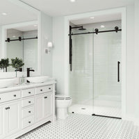 Reversible sliding shower door with matte black bar handle and 76 in. assembled height