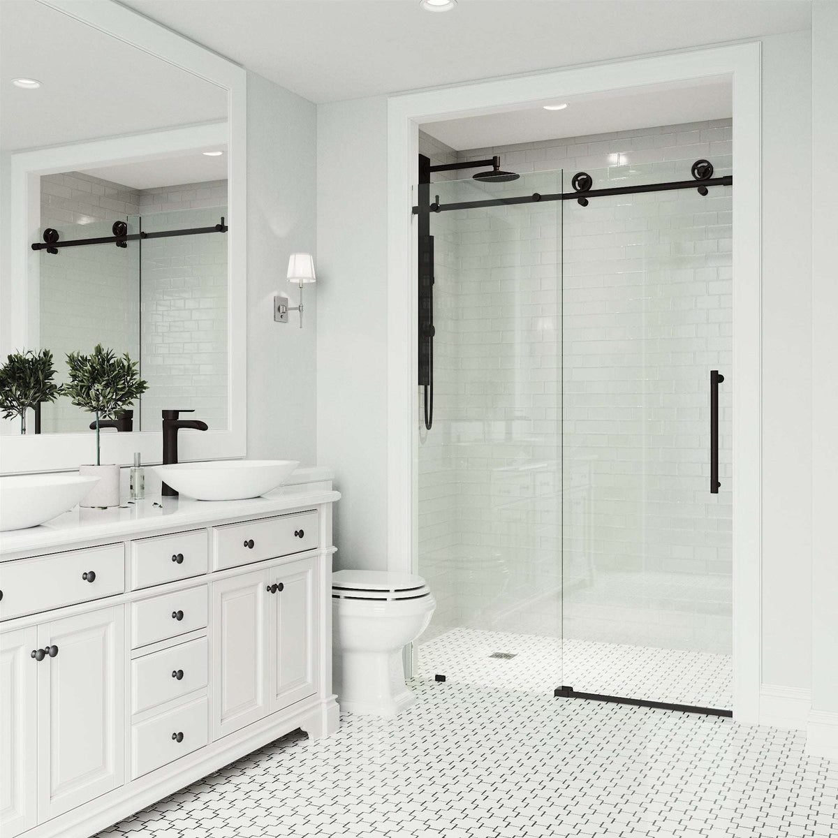 Reversible sliding shower door with matte black bar handle and 76 in. assembled height