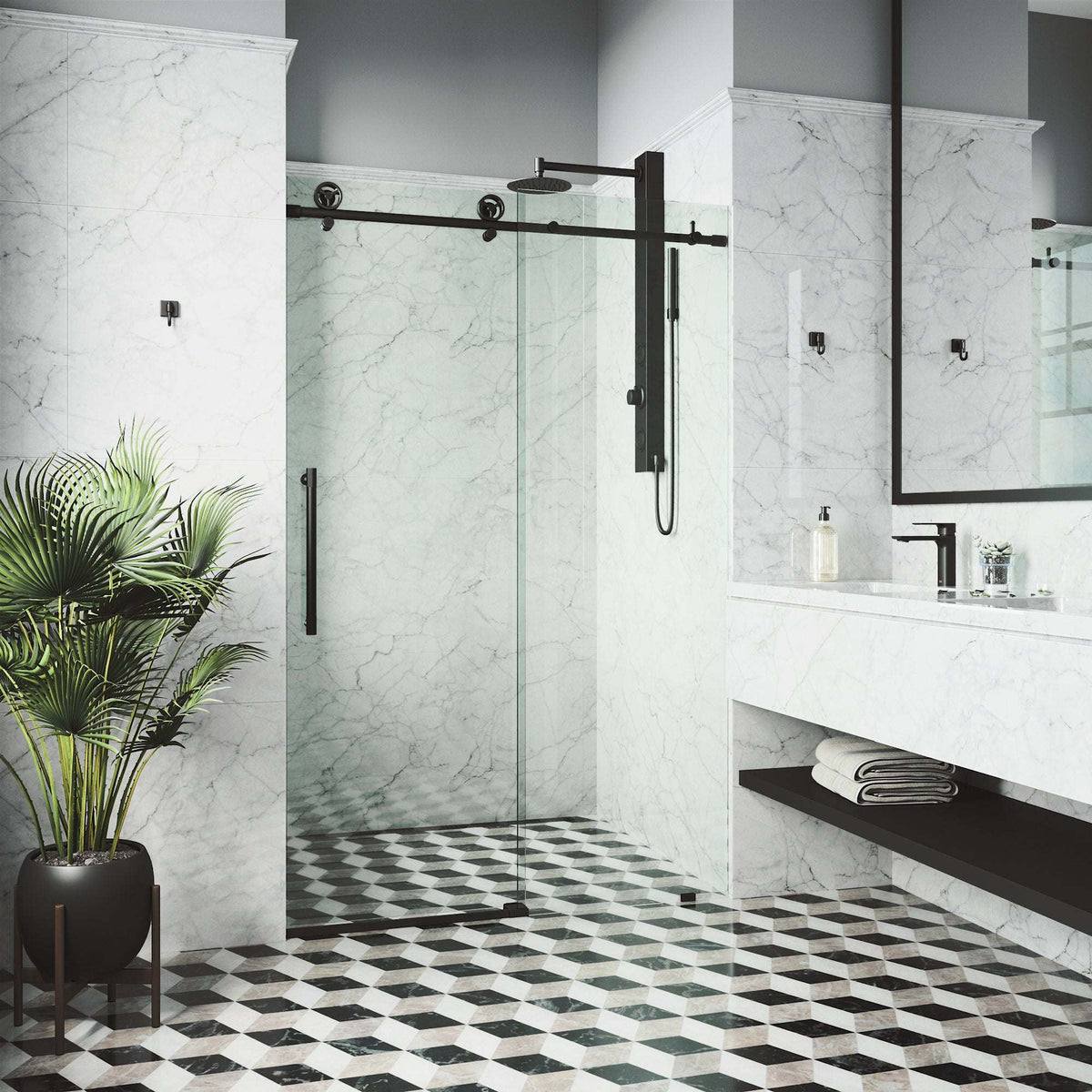 Frameless shower door featuring matte black finish, clear glass, and 56-60 in. adjustable width