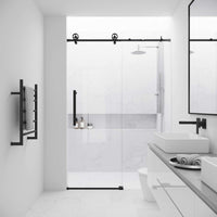 Matte black frameless shower door with sliding clear tempered glass, 56 to 60 in. adjustable width
