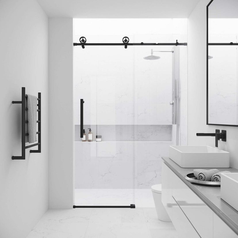 Matte black frameless shower door with sliding clear tempered glass, 56 to 60 in. adjustable width