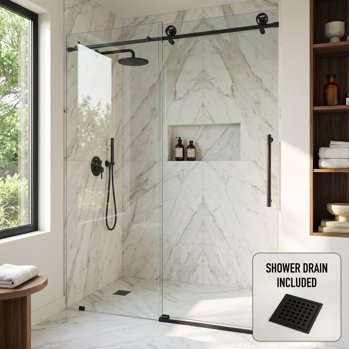 Elan Cass Aerodynamic 56 to 60 in. W X 76 in. H Frameless Sliding Shower Door 3/8" Clear Glass in Matte Black with Elan 4 in. Square Shower Drain in Matte Black