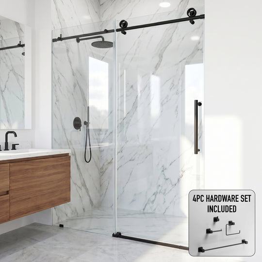 Elan Cass Aerodynamic 56 to 60 in. W x 76 in. H Frameless Sliding Shower Door and Meridian 4-Piece Bath Hardware Set in Matte Black