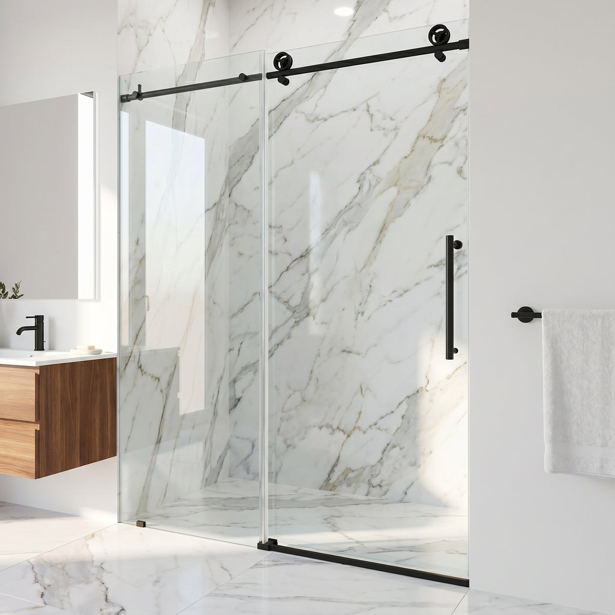 Elan Cass Aerodynamic 56 to 60 in. W x 76 in. H Frameless Sliding Shower Door and Meridian 4-Piece Bath Hardware Set in Matte Black