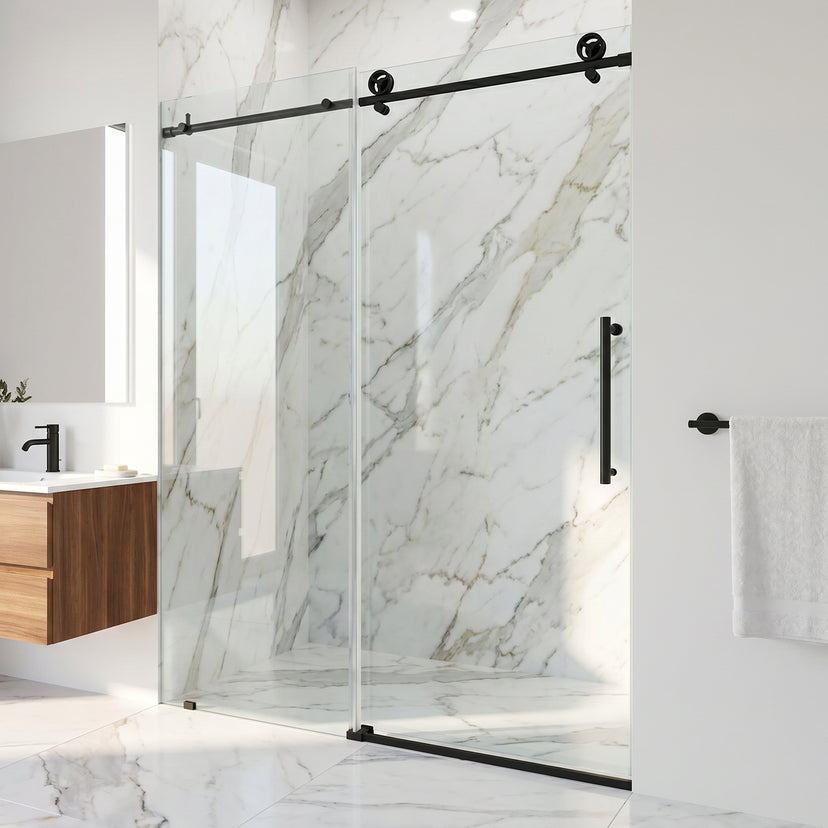 Elan Cass Aerodynamic 56 to 60 in. W x 76 in. H Frameless Sliding Shower Door and Meridian 4-Piece Bath Hardware Set in Matte Black