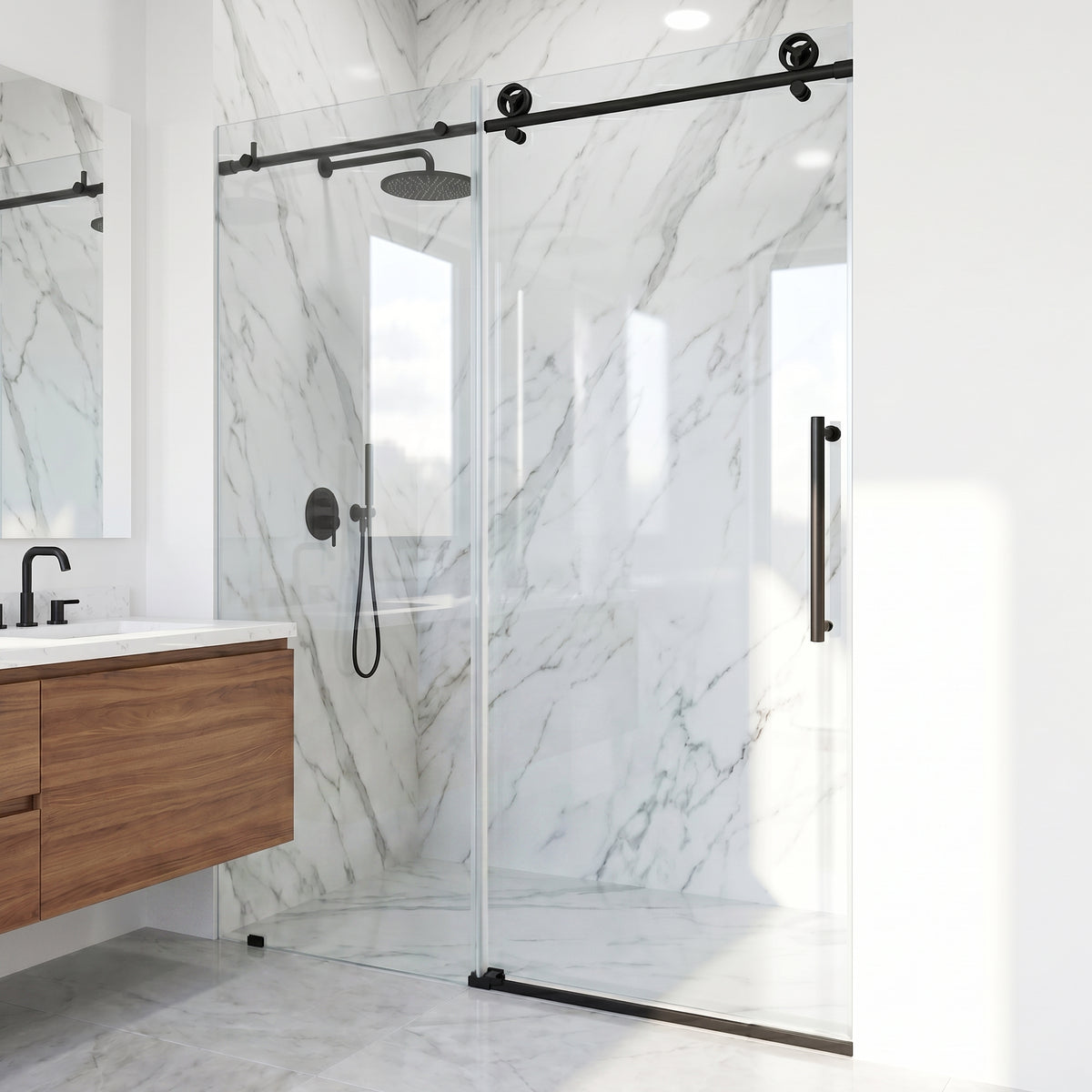 Elan Cass Aerodynamic 56 to 60 in. W x 76 in. H Frameless Sliding Shower Door and Meridian 4-Piece Bath Hardware Set in Matte Black