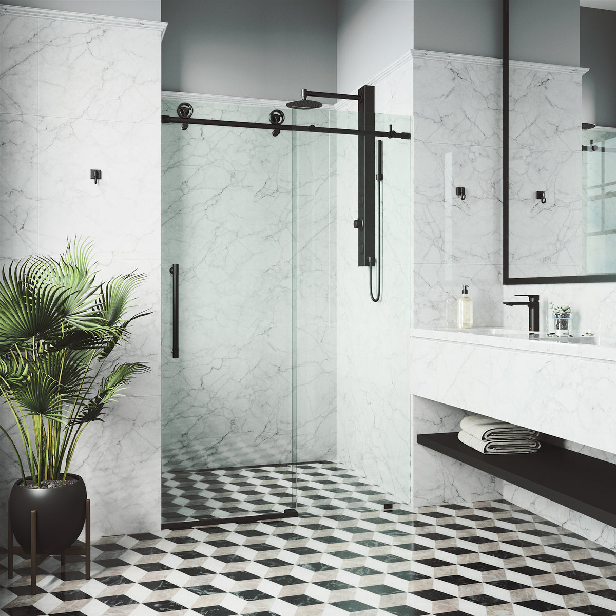 Elan Cass Aerodynamic 56 to 60 in. W x 76 in. H Frameless Sliding Shower Door and Meridian 4-Piece Bath Hardware Set in Matte Black