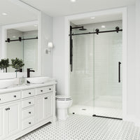 Elan Cass Aerodynamic 56 to 60 in. W x 76 in. H Frameless Sliding Shower Door and Meridian 4-Piece Bath Hardware Set in Matte Black