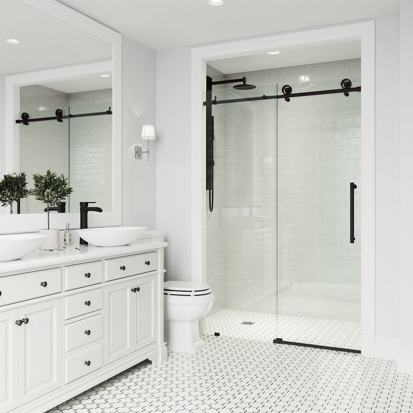 Elan Cass Aerodynamic 56 to 60 in. W x 76 in. H Frameless Sliding Shower Door and Meridian 4-Piece Bath Hardware Set in Matte Black