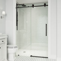 Elan Cass Aerodynamic 56 to 60 in. W x 76 in. H Frameless Sliding Shower Door and Meridian 4-Piece Bath Hardware Set in Matte Black